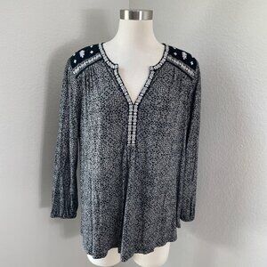 Lucky Brand Womens Plus 2X Black White Embroidered Boho Blouse Shirt V Neck Top